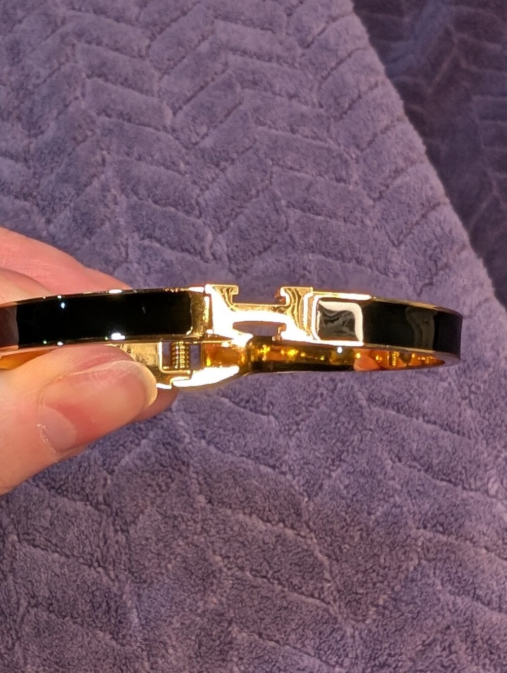 Gold and Black Enamel Hinged H Bracelet